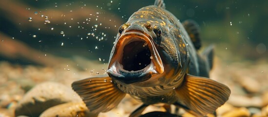 Close-up of a fish swimming underwater with open mouth