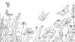 © PSCL RDL - Group of Wildflowers, herbs, flowers, plants and butterflies flyng around. Outline Style