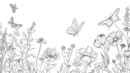 Group of Wildflowers, herbs, flowers, plants and butterflies flyng around. Outline Style