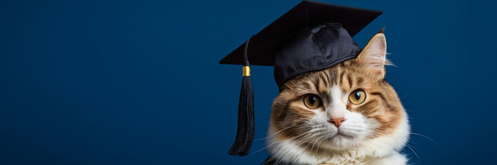 Fluffy funny cat wearing a graduate black hat on dark blue background with copy space. Education and back to school concept.	