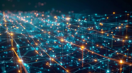 Wall Mural - this image shows a network of interconnected points and lines glowing in blue, representing digital 