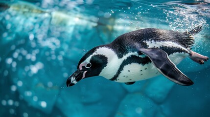 A penguin is captured swimming underwater with bubbles trailing behind, showcasing the aquatic grace of the bird