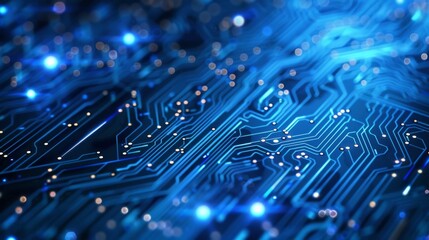 Wall Mural - This image features a close-up of a circuit board with glowing blue lines and nodes, symbolizing technology and electronics