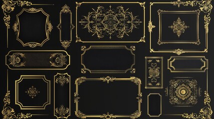 A collection of ornate gold frames and borders on a luxurious black background, suitable for elegant designs