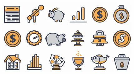 Wall Mural - This image contains a collection of flat design icons related to finance, investment, and savings concepts