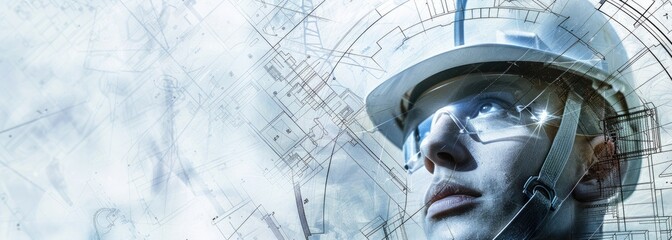 Wall Mural - The image shows a young engineer wearing a hard hat and safety glasses, looking at a blueprint. The background is a blue and white blur. The image is about safety and protection.