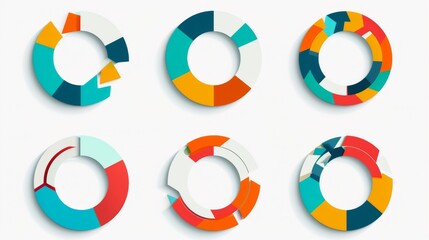 Six circular infographic elements in a modern flat design style with different color segments indicating statistics or data visualization