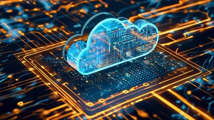 Wall Mural - Cloud computing concept with circuit board and microchip. Abstract technology and science, connection and communication in network. Futuristic big data storage system in cloud, cyber. business.
