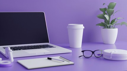 Wall Mural - Desk with laptop,note pad, pen, Coffee Cup, eyeglasses, isolated purple background. AI generated
