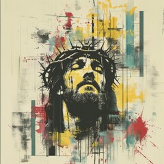 Wall Mural - Colorful portrait of Jesus Christ with crown of thorns. Grunge background. Abstract, geometrical and colorful details.