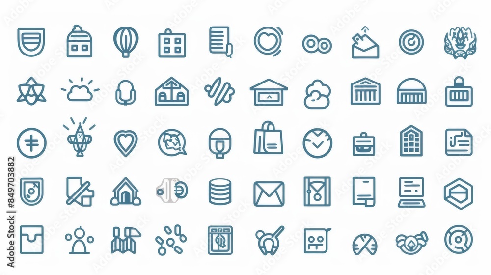 Object Library Icon Blue An array of linear, blue-toned icons depicting various everyday and ...