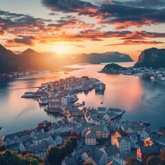 Wall Mural - From the bird's eye view of Alesund port town on the west coast of Norway, at the entrance to the Geirangerfjord. Colorful sunset in the Nord. Traveling concept background.