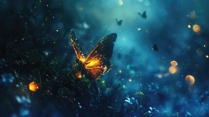 Canvas Print - Abstract and magical image of Firefly flying in the night forest. Fairy tale concept.