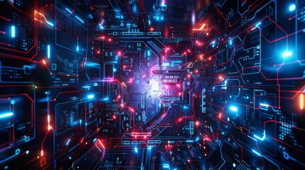 Wall Mural - an advanced circuit design with flashing red and blue lights suggesting speed and high technology