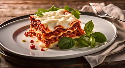 Wall Mural - Lasagna with minced beef bolognese and bechamel sauce topped with fresh basil leaves on a white plate