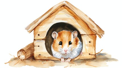 Canvas Print - Watercolor painting of a cute hamster in a little wooden house.