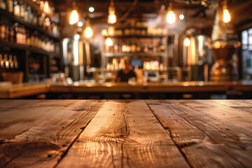 Wall Mural - A wooden bar top in the foreground with a blurred background of a brewery tasting room. The background includes large brewing tanks, shelves with various craft beers.