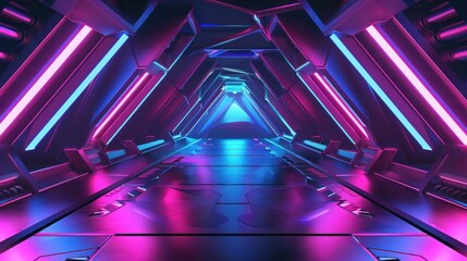 Wall Mural - Futuristic modern spaceship triangle corridor with purple and blue neon glowing lights. AI generated
