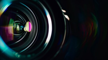 A close up of a camera lens with a rainbow effect