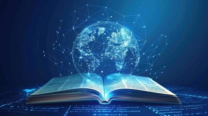 Futuristic open book education and globe map on blue background. AI generated image