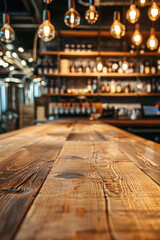 Wall Mural - A wooden bar top in the foreground with a blurred background of a brewery tasting room. The background includes large brewing tanks, shelves with various craft beers.