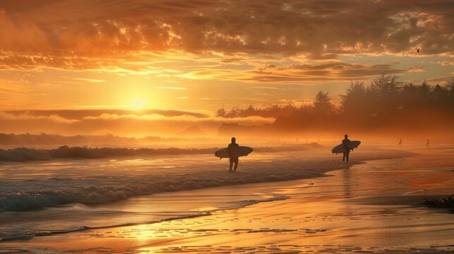 beach at sunrise with surfers looking for the firs waves