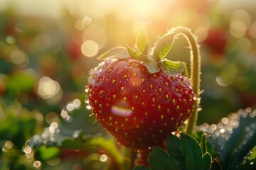 Wall Mural - Close up of a Fresh Ripe Strawberry pick in a field in England on a hot summer's day.