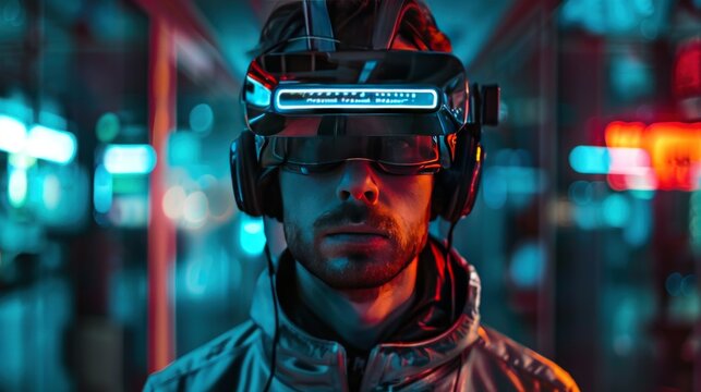 Cyberpunk man with VR virtual reality digital innovation interface technology modern