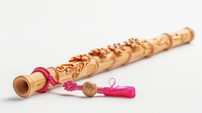 Beautifully carved traditional bamboo flute with intricate designs and pink tassel on a white background.
