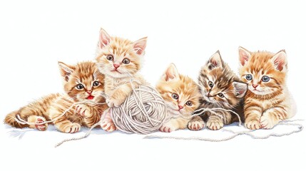 Poster - A watercolor painting of five adorable kittens playing with yarn.