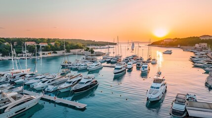 Wall Mural - Aerial view of boats and luxure yachts in dock at sunset in summer in Pula Croatia Colorful landscape with sailboats and motorboats in sea bay jatty clear blue sea Top view of harbor T : Generative AI