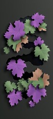 Wall Mural - flatlay mockup of colorful paper leaves against a black background.