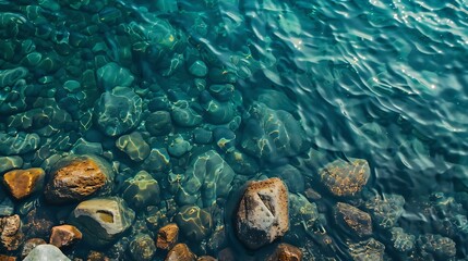 Poster - Sea stones in the sea water Pebbles under water The view from the top Nautical background Clean sea water Transparent sea : Generative AI
