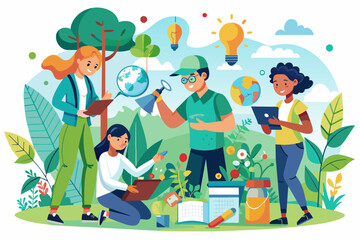 people are standing around a green field with a globe in the background, citizen science program eng