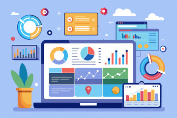 Poster - a computer screen with various icons and graphs, comprehensive analytics dashboard to track sales performance and customer behavior