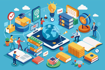 Poster - a tablet with a globe on it and people around it, comprehensive curriculum integrating real-world applications into classroom teaching