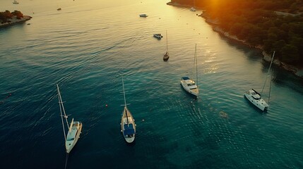Wall Mural - Aerial view of beautiful yachts and boats on the sea at sunset in summer Adriatic sea Kamenjak Croatia Top view of luxury yachts sailboats lagoon clear blue water and green forest Trav : Generative AI