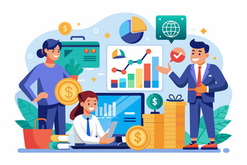 Poster - a group of people are working on a laptop, financial advisory service providing expert guidance on investment strategies and wealth management