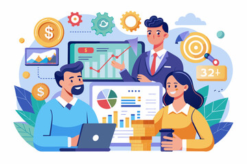 Poster - a group of people are working on a laptop, financial advisory service providing expert guidance on investment strategies and wealth management