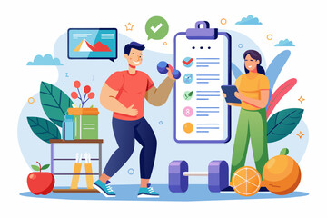 Fototapete - a man and woman standing next to a clipboard with a checklist on it, fitness app offering personalized workout plans, nutrition guidance, and progress tracking