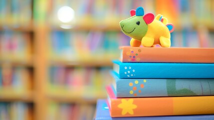 Wall Mural - A colorful plush toy dinosaur sitting on a stack of books in a library.