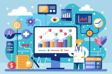 Leinwandbilder - a man standing in front of a computer screen with graphs and other items, healthcare data analytics platform for evidence-based decision-making and quality improvement
