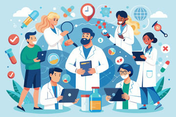 Poster - a group of people in lab coats and lab coats, medical research consortium fostering collaboration and knowledge sharing among healthcare professionals