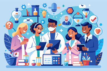 Poster - a group of people in lab coats and lab coats, medical research consortium fostering collaboration and knowledge sharing among healthcare professionals