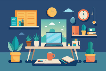 Leinwandbilder - a desk with a laptop and a plant, minimalist vector illustration of a digital nomad workspace
