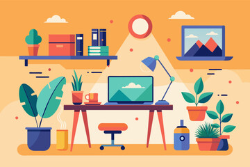 Aufkleber - a desk with a laptop and a plant, minimalist vector illustration of a digital nomad workspace