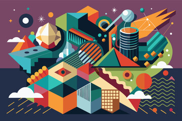 Poster - a colorful illustration of a city with buildings and other things, An abstract mixed-media artwork experimenting with unconventional materials