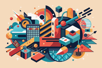 Poster - a colorful illustration of a city with buildings and other things, An abstract mixed-media artwork experimenting with unconventional materials