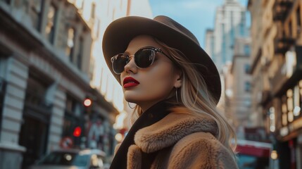 Wall Mural - A woman wearing a hat and sunglasses is standing on a city street