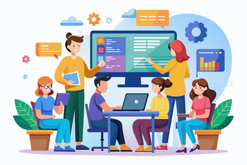 Poster - a group of people sitting at a table with laptops, An educational workshop on coding and computer programming for beginners